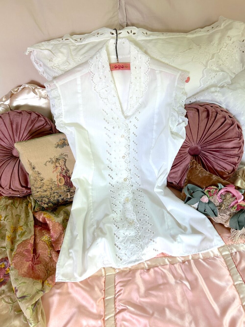 Vintage White Eyelet Cotton Blouse, Sleeveless Top, Ruffle Sleeve Cottagecore